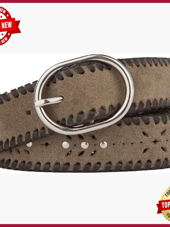 Suede Leather Belt with Studded Cutout Design, Size L, 1.2\